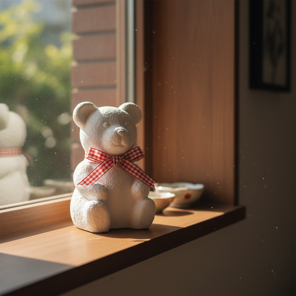 하얀색 곰돌이 모양의 석고 방향제가 목에 예쁜 체크무늬 리본을 매고 있으며 따뜻한 햇살이 비치는 창가 옆 원목 선반 위에 놓여 있는 감성적인 클로즈업 사진