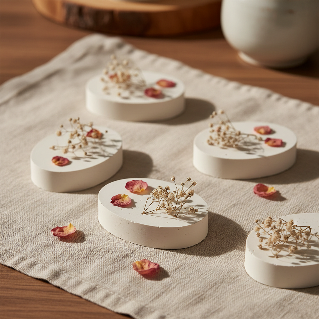 말린 안개꽃과 장미 꽃잎이 섬세하게 장식된 타원형 석고 방향제들이 베이지색 린넨 천 위에 자연스럽게 배치된 고해상도 이미지