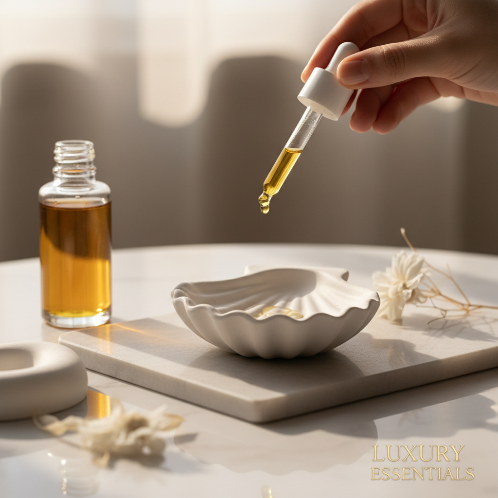 유리병에 담긴 에센셜 오일 스포이드를 사용하여 조개 모양의 흰색 석고 방향제 위에 오일 한 방울을 떨어뜨리는 찰나를 포착한 깨끗하고 선명한 사진