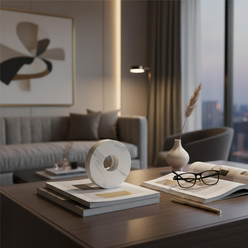 고급스러운 대리석 질감의 원형 석고 방향제가 현대적인 거실의 책상 위 잡지 소품들과 함께 놓여 있는 세련된 인테리어 연출 사진