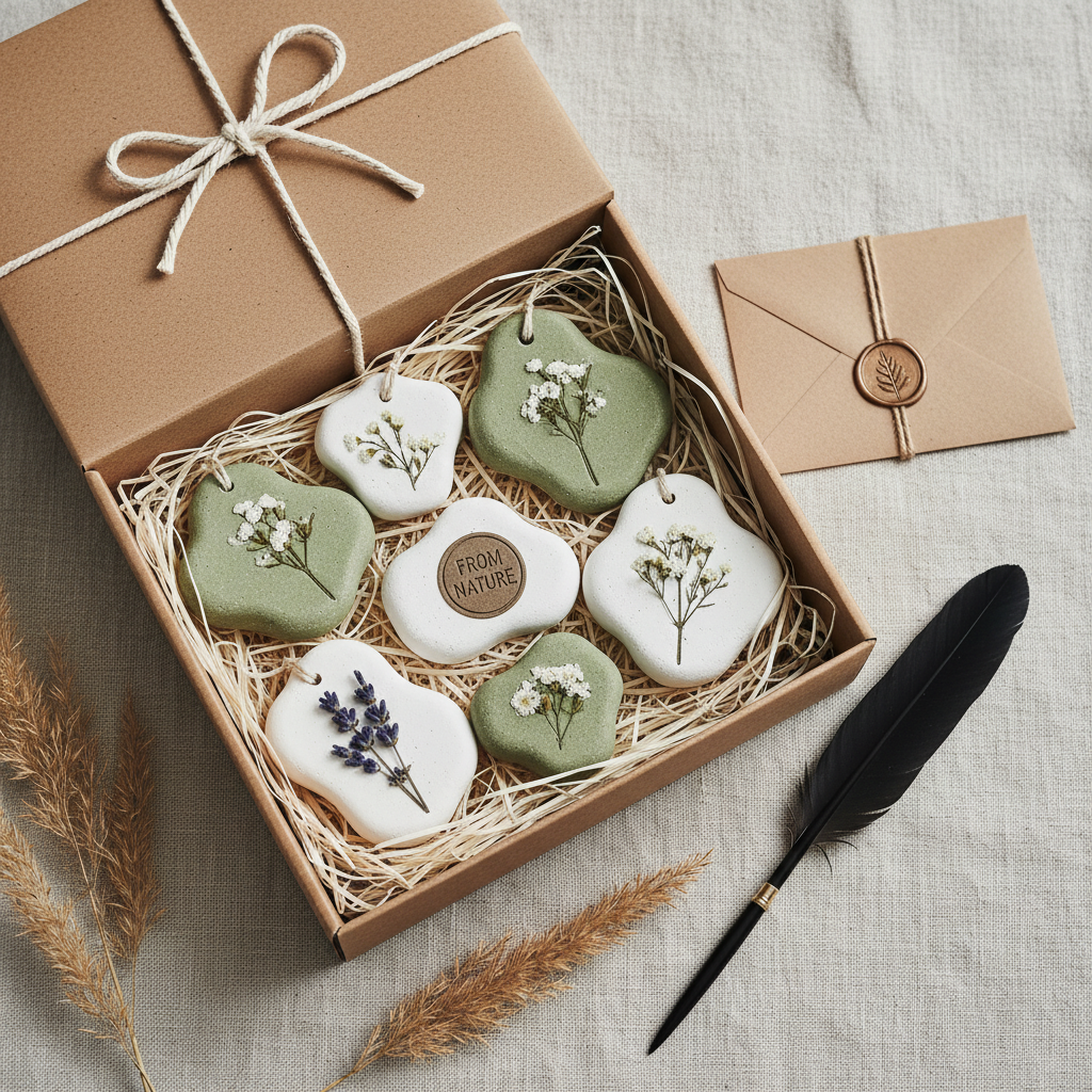 크라프트지 박스 안에 습지제와 함께 정성스럽게 포장된 다양한 모양의 석고 방향제 선물 세트의 감성적인 상단 촬영 플랫 레이 이미지