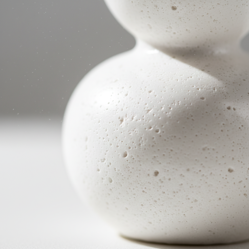 석고 방향제의 미세한 기공과 매끄러운 표면 질감이 돋보이는 매크로 근접 촬영으로 화이트 톤의 깔끔하고 전문적인 제품 사진